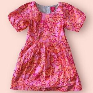 Lilly Pulitzer Kids Girls Pink Orange Floral Puff Sleeve Dress Size 10